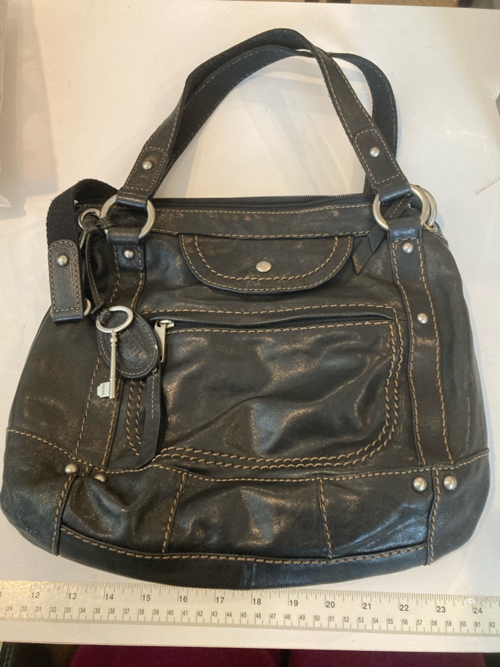 Fossil Black Leather Shoulder Bag with Contrast Stitching